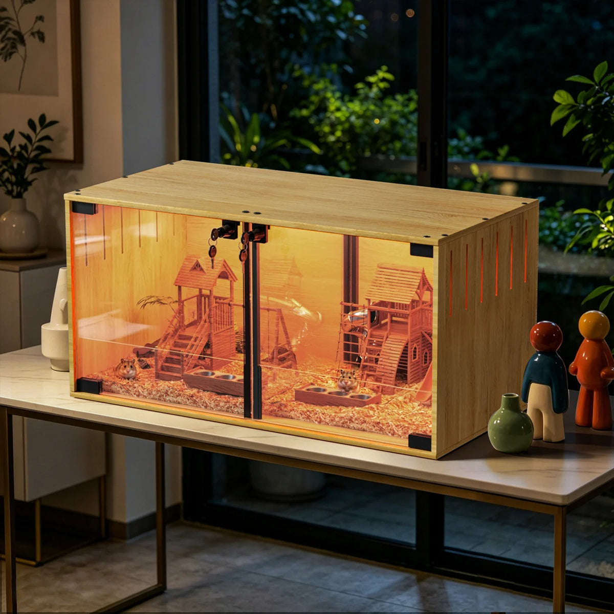 Wooden Small Animal Cage With Tempered Glass For Pets