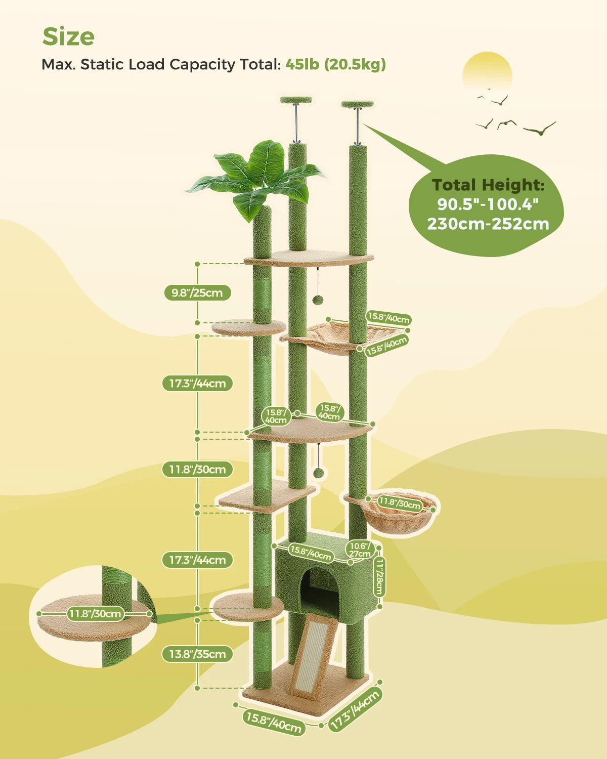 PEQULTI Cat Tower With Sisal Scratching Post And Hammock