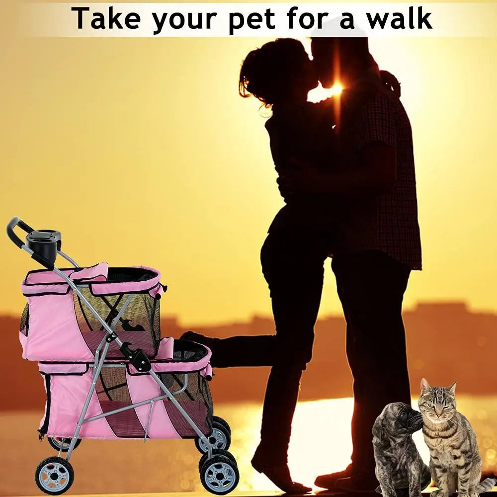 Double Pet Stroller For Dogs And Cats With Travel Carrier