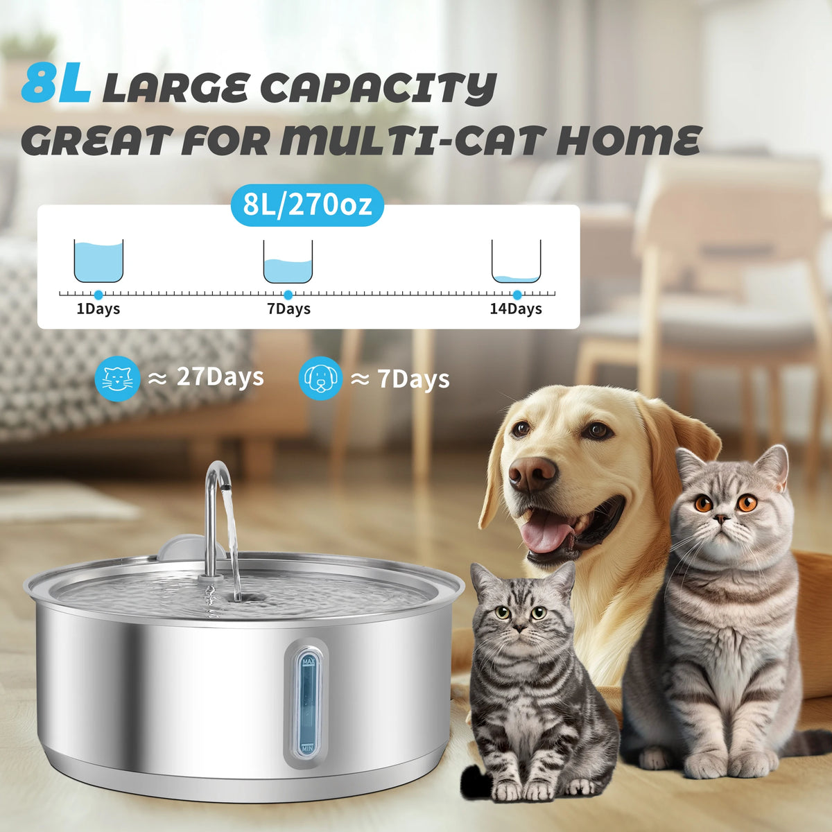 Stainless Steel Water Fountain With Filter For Cats And Dogs