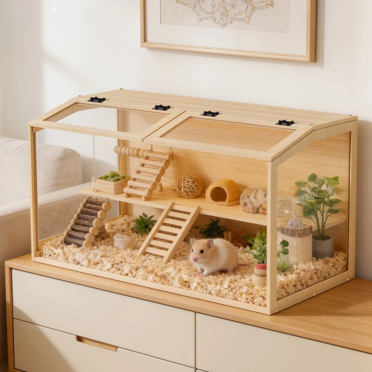 Chewproof Wooden Hamster Habitat Featuring Tempered Glass And Led Lighting