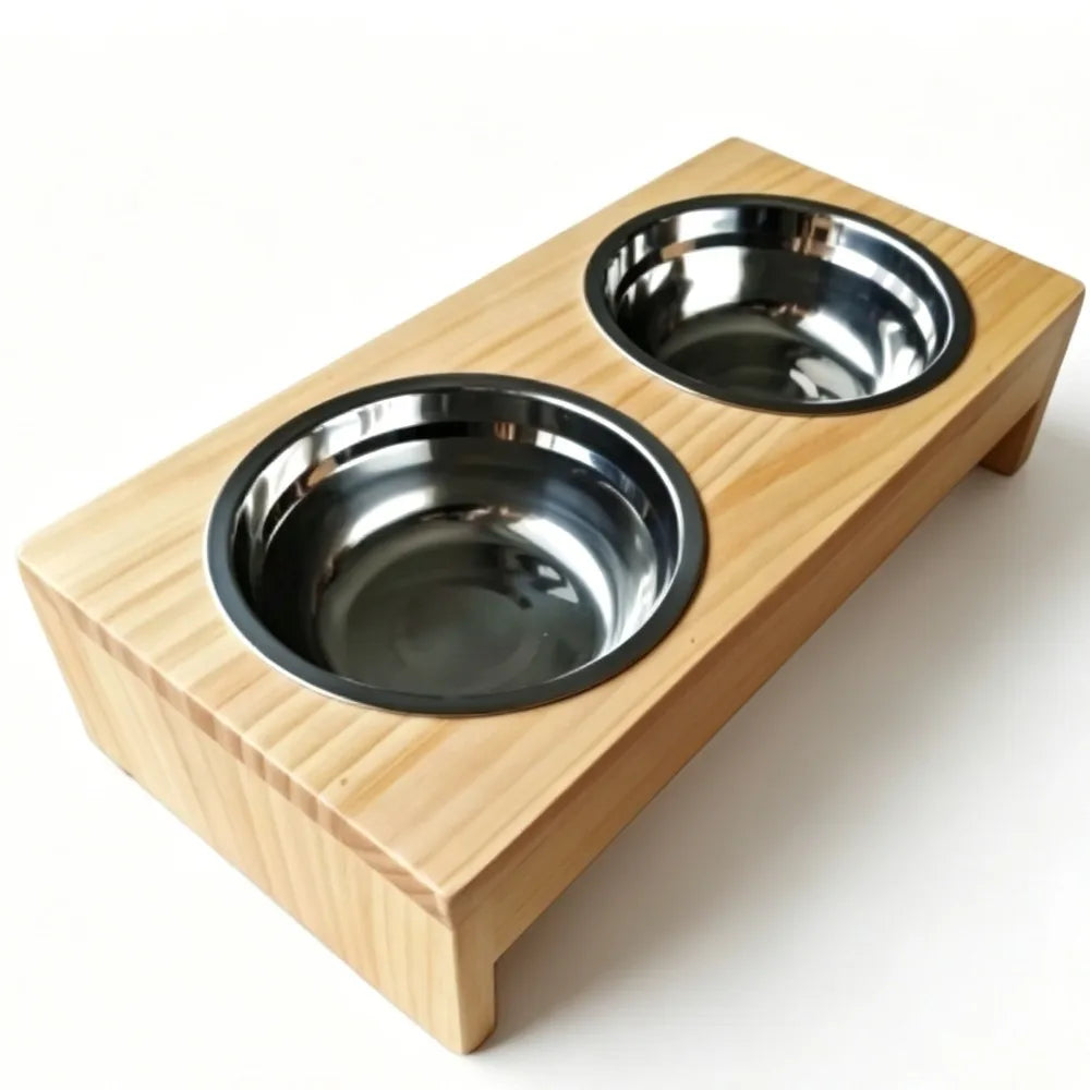 Wooden Raised Pet Feeder With Double Stainless Steel Bowls