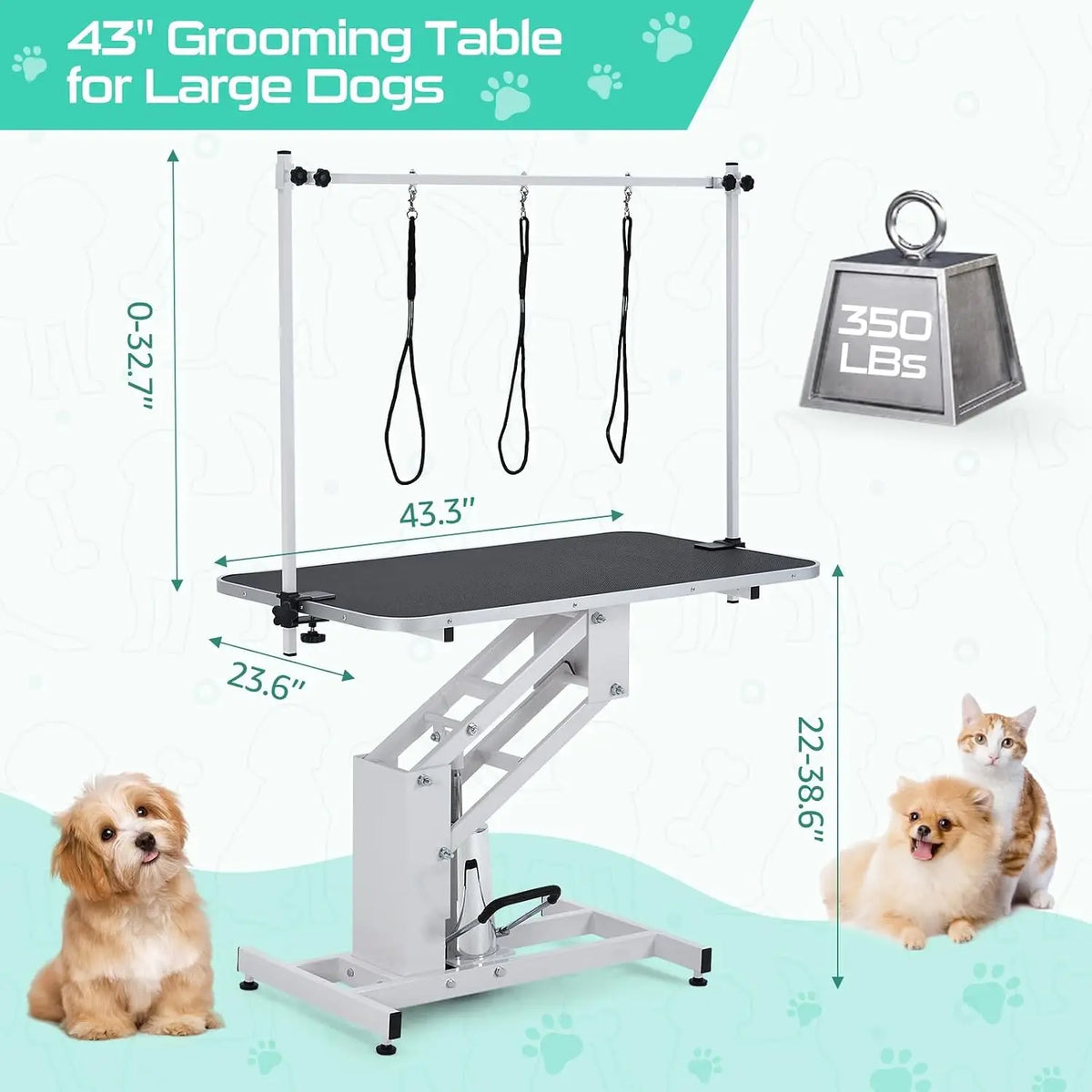 43.3" Electric Pet Grooming Table 350 LBS Heavy Duty Dog Grooming Arm for Large Dog Salon-Grade Pet Height Adjustable Grooming Station Slip Tabletop