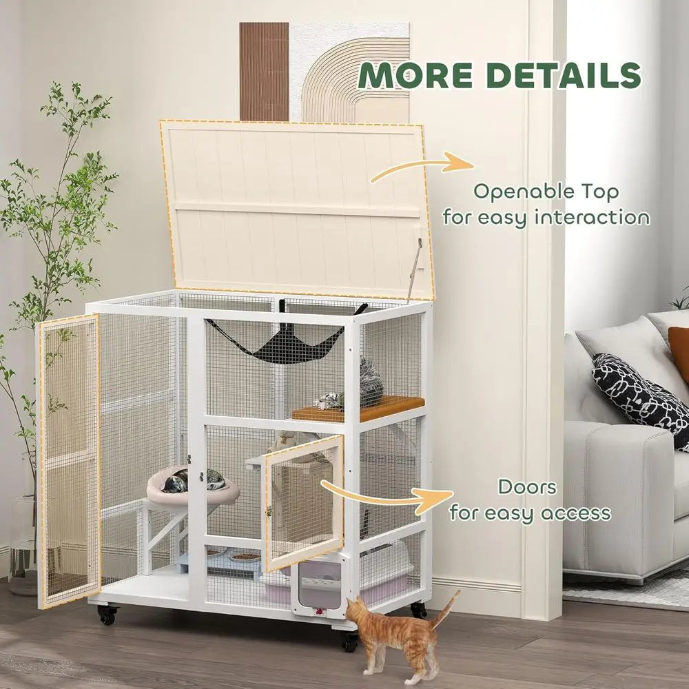 Indoor Multi Level Cat Enclosure With Wheels And Hammock Platform