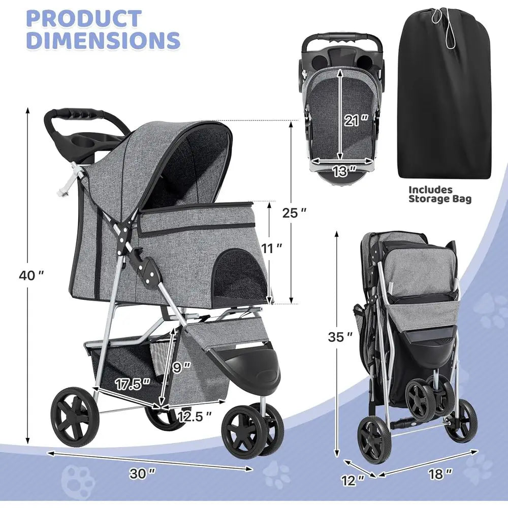 Three Wheel Pet Stroller Foldable Travel Carrier For Dogs Cats
