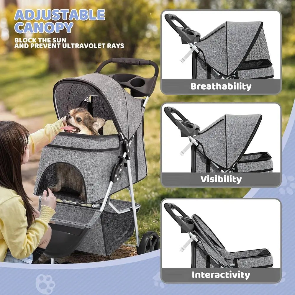 Three Wheel Pet Stroller Foldable Travel Carrier For Dogs Cats