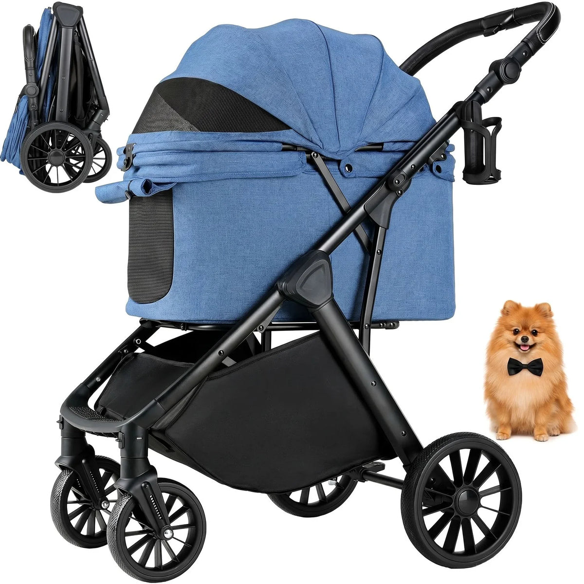 Foldable Pet Stroller For Medium Dogs Cats With Sun Shade