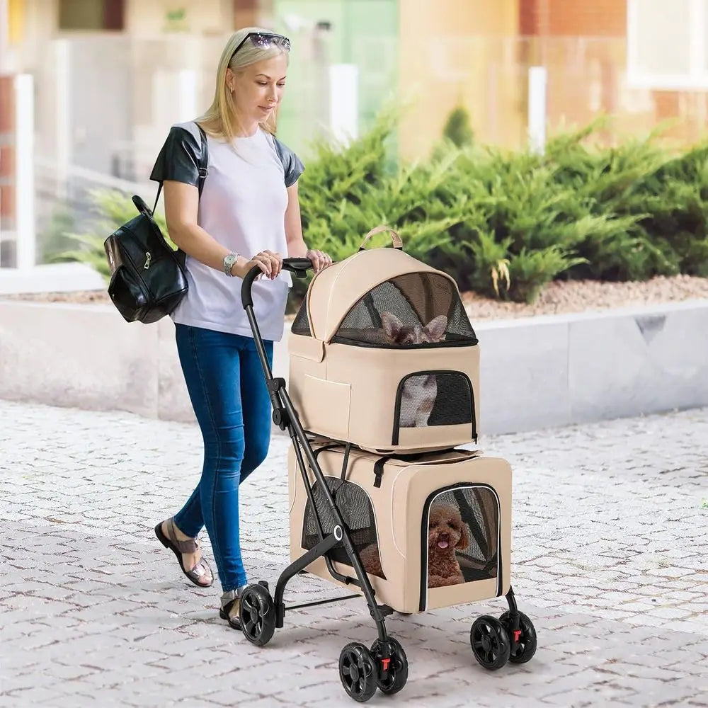 Double Pet Stroller With Detachable Carriers And Lockable Wheels