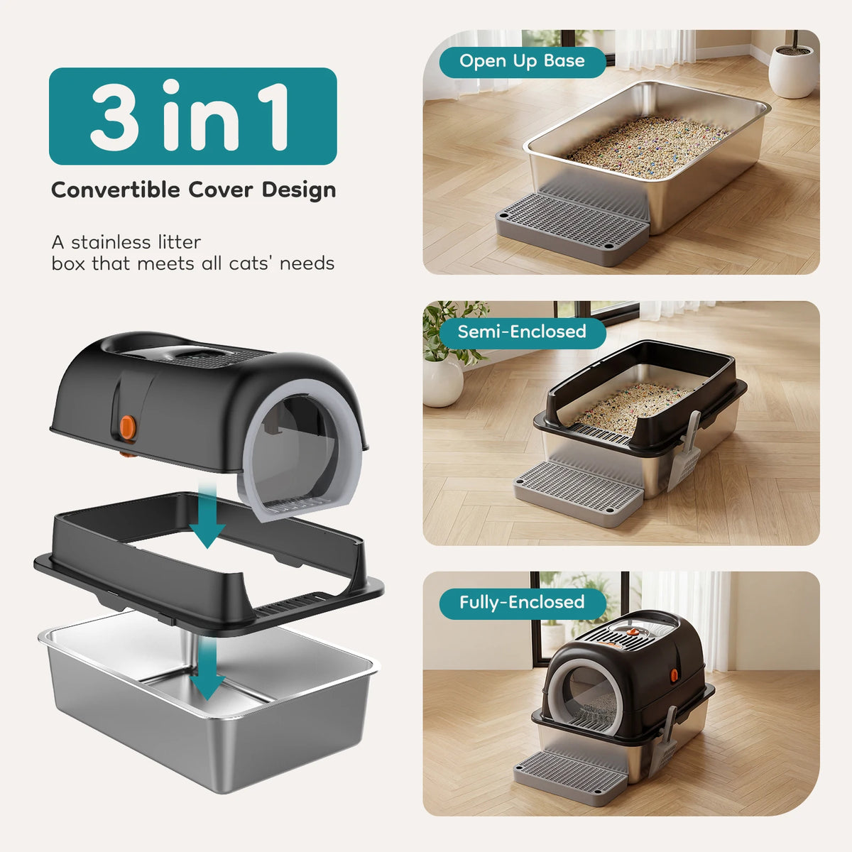Fully Enclosed Stainless Steel Cat Litter Box For Big Cats