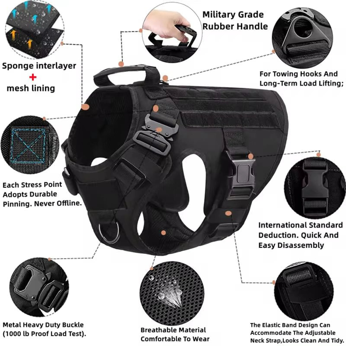 Petavel Tactical Dog Harness With Molle Pockets For Training