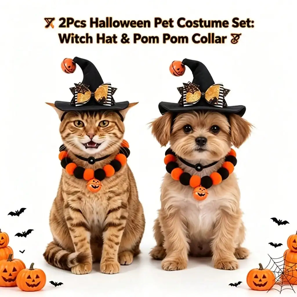 Halloween Pet Costume Set With Pumpkin Hat And Bat Collar