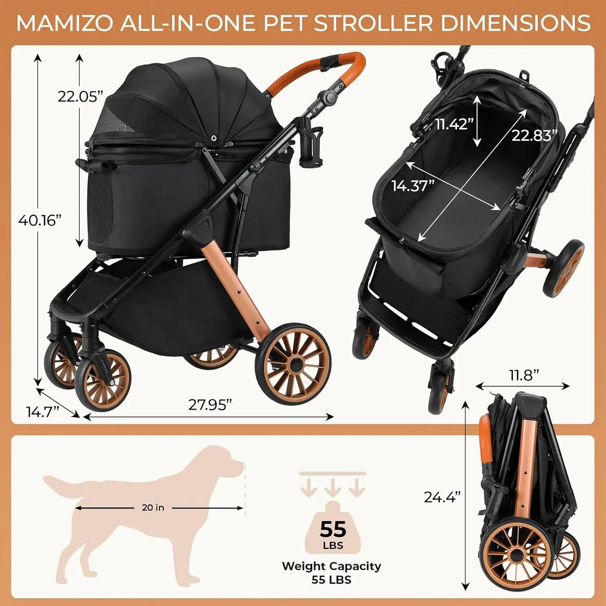 Foldable Pet Stroller For Medium Dogs Cats With Sun Shade