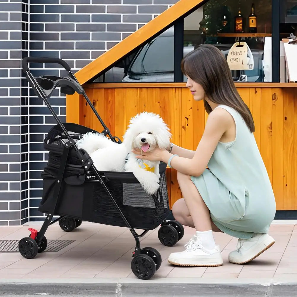 Folding Pet Stroller With Zipper Cage And Cup Holder