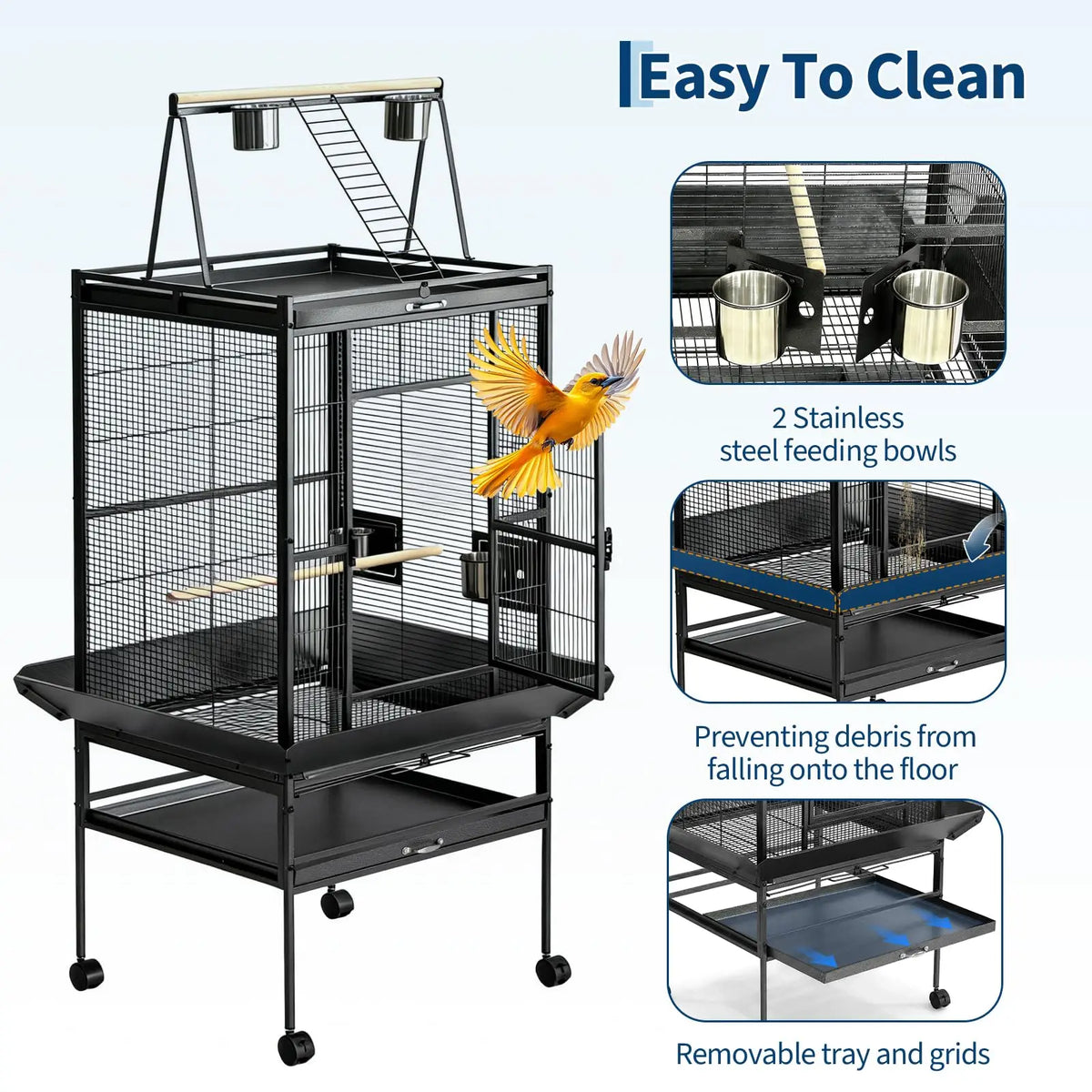 HiMISS Large Bird Cage With Rolling Stand And Play Top