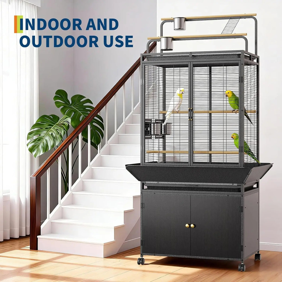 HiMISS Metal Bird Cage With Rolling Play Top Storage Cabinet