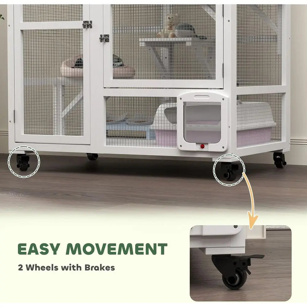 Indoor Multi Level Cat Enclosure With Wheels And Hammock Platform