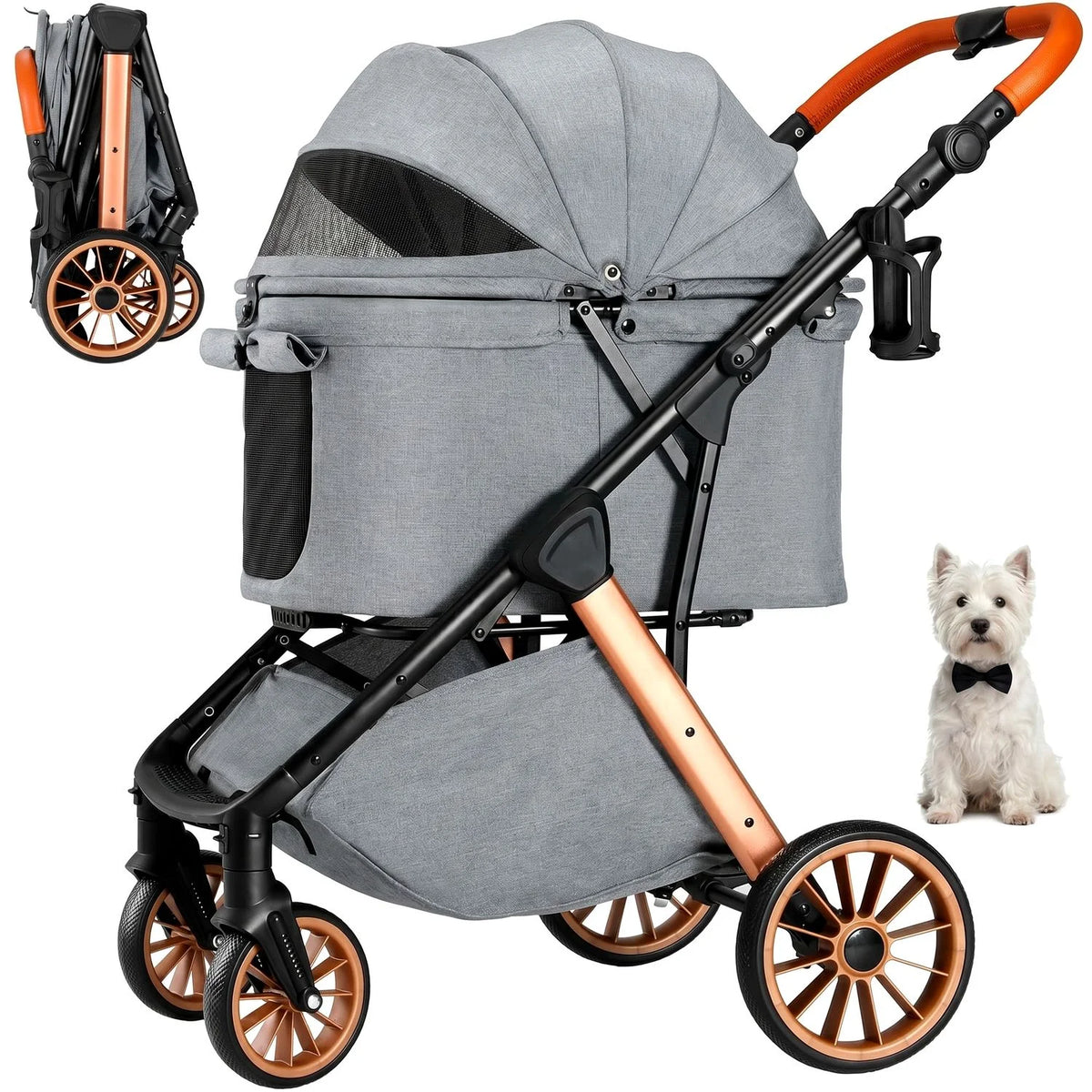 Foldable Pet Stroller For Medium Dogs Cats With Sun Shade