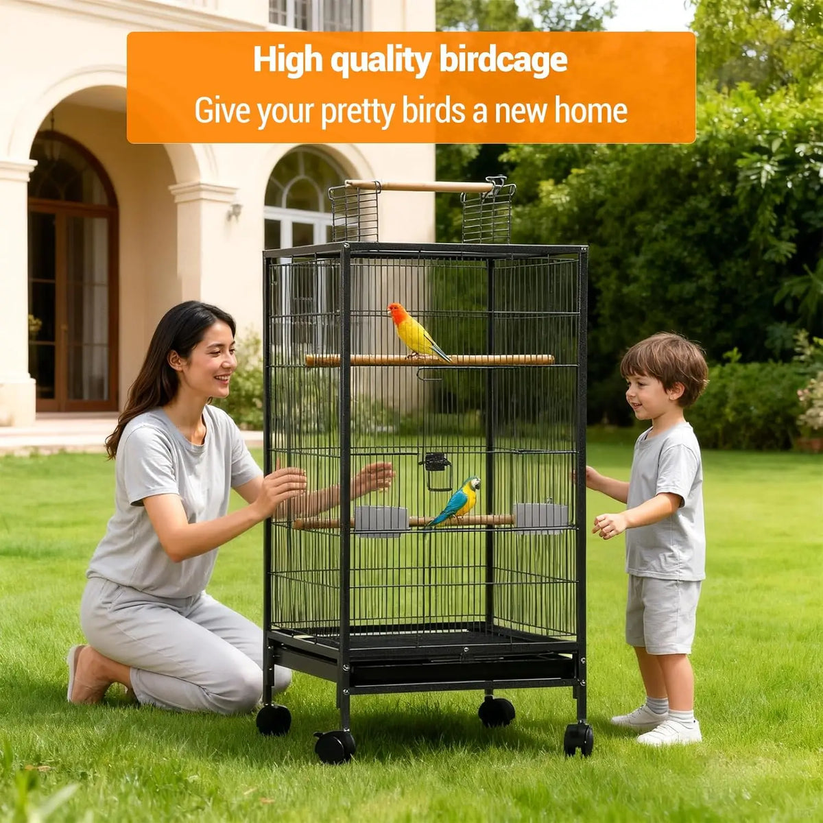 HiMISS Bird Cage With Rolling Stand Open Top For Budgies