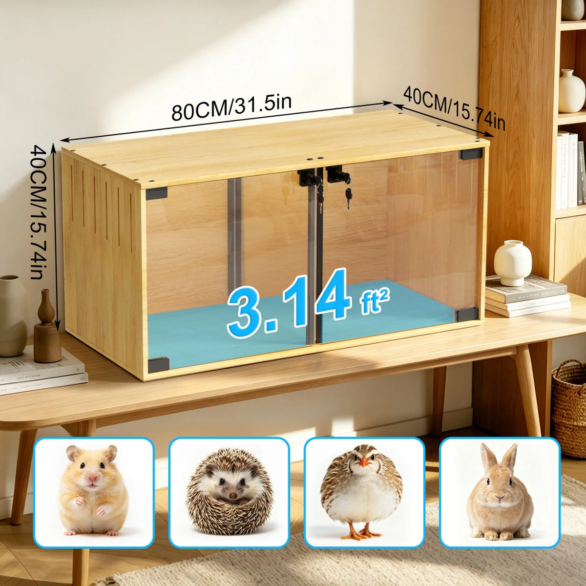 Wooden Small Animal Cage With Tempered Glass For Pets