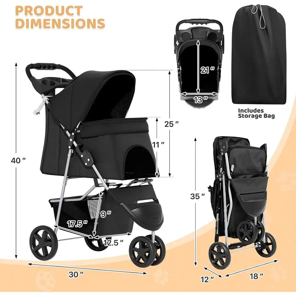 Three Wheel Pet Stroller Lightweight Carrier For Dogs And Cats
