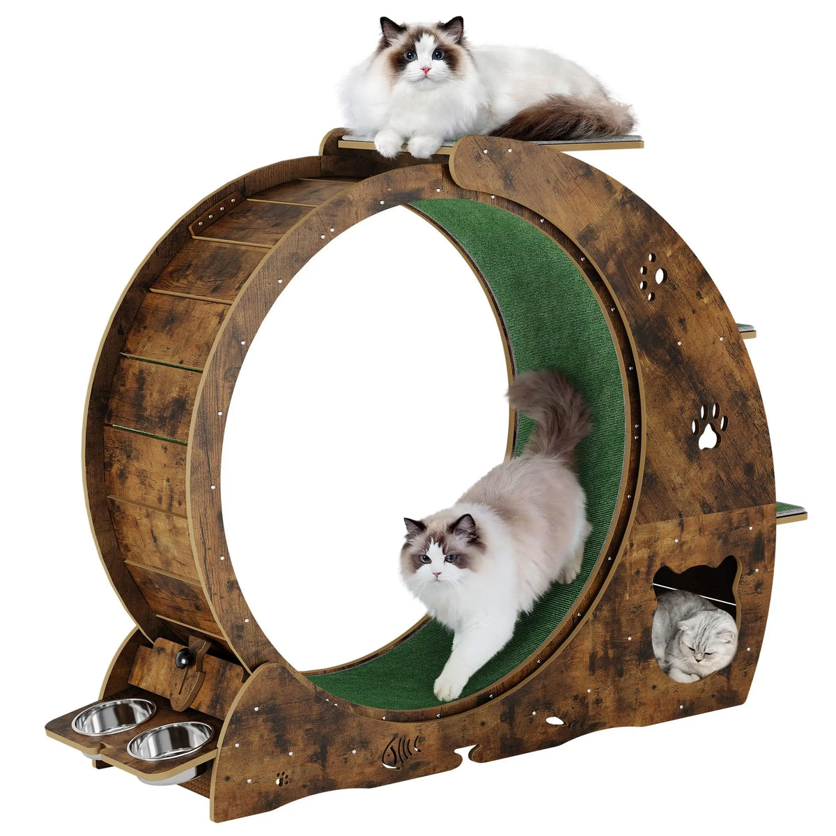 HiMISS 6in1 Cat Exercise Wheel Quiet With Bowls Scratch Post