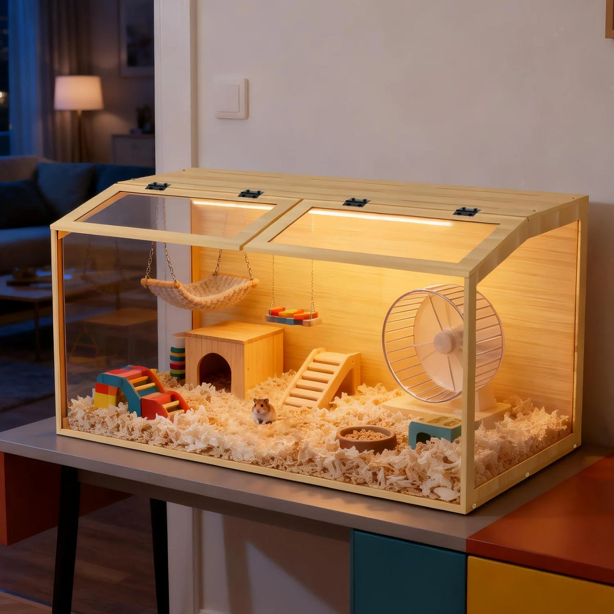 Wooden Hamster Cage With Tempered Glass Panels For Guinea Pigs