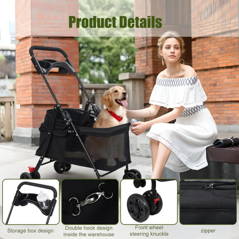Folding Pet Stroller With Zipper Cage And Cup Holder