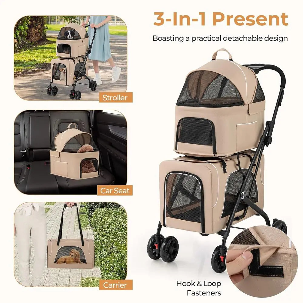 Double Pet Stroller With Detachable Carriers And Lockable Wheels