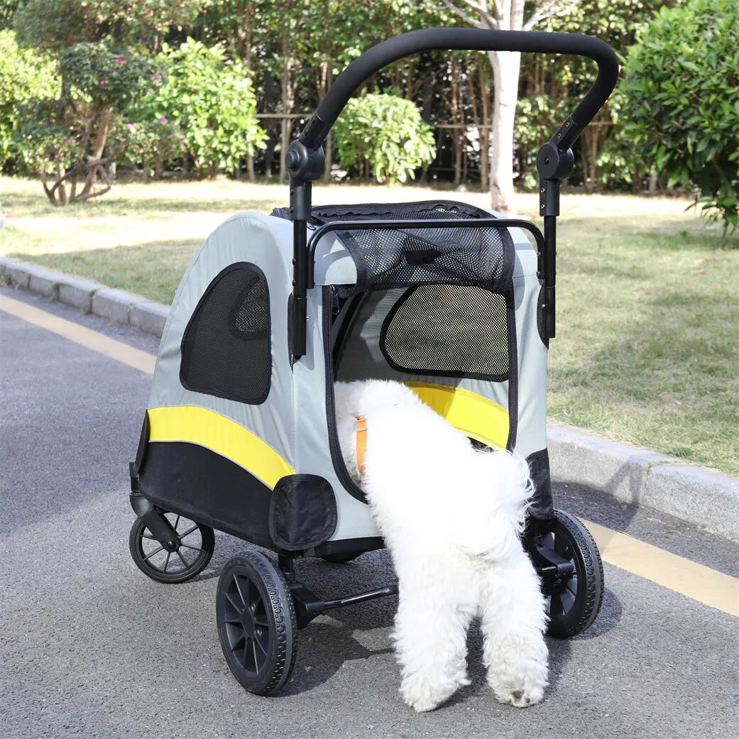 Foldable Dog Stroller Cart With 4 Wheel Swivel Travel Wagon