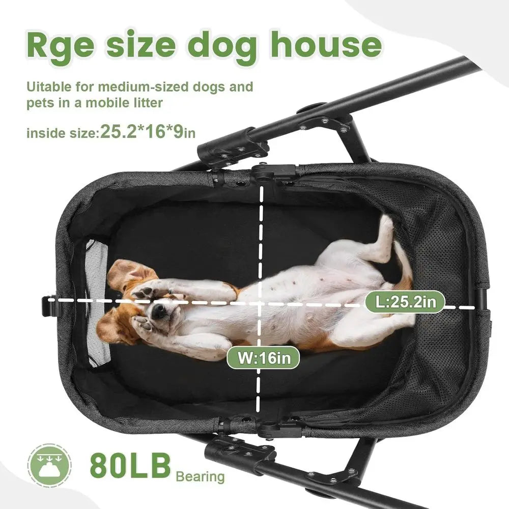 Foldable Dog Travel Stroller With Heavy Duty Wheels Adjustable Handle