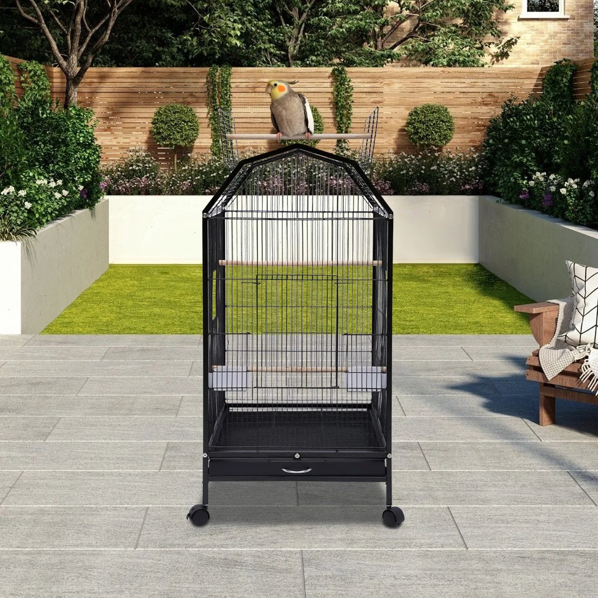 Sturdy Iron Bird Cage Featuring Spacious Open Bar Design