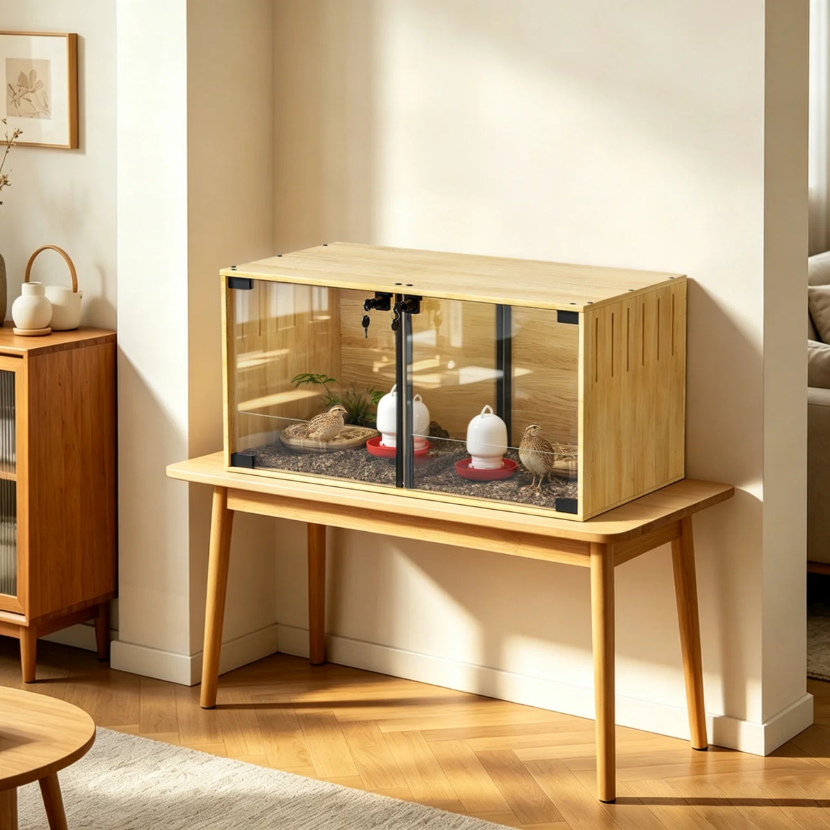 Wooden Small Animal Cage With Tempered Glass For Pets