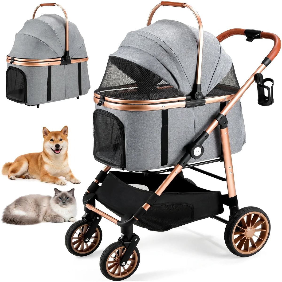 Foldable Three In One Pet Stroller With Carrier Storage Basket