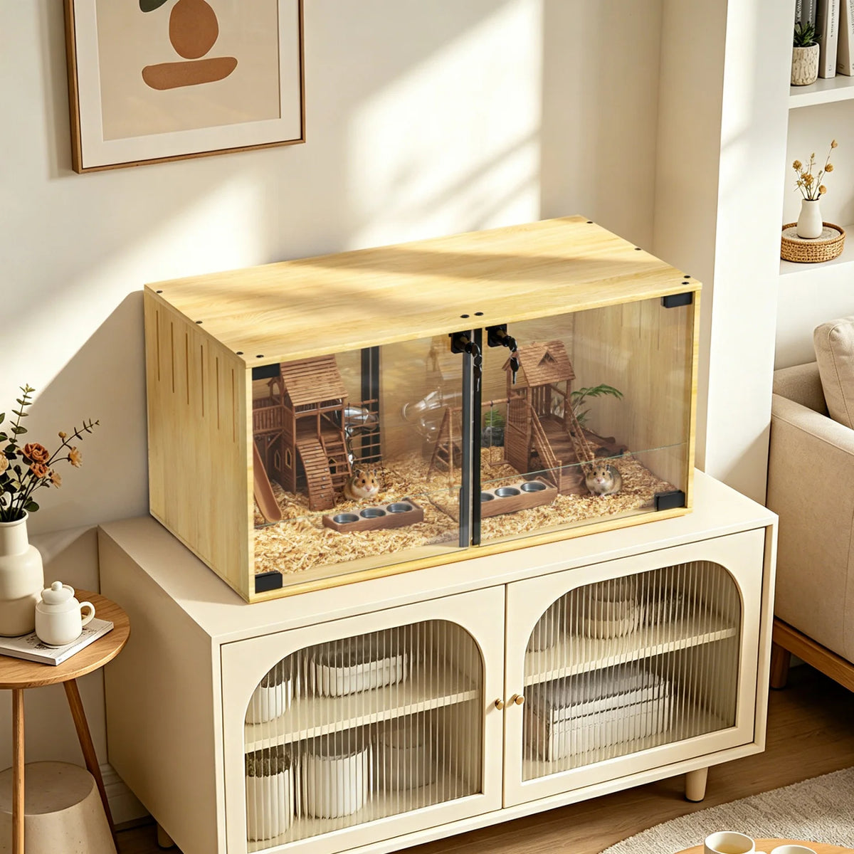 Wooden Small Animal Cage With Tempered Glass For Pets
