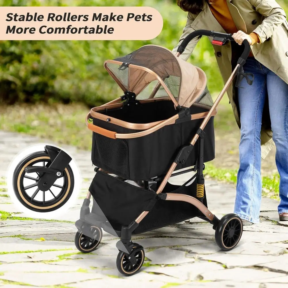 Pet Dog Stroller With Shock Absorbers, Removable Cabin And Basket