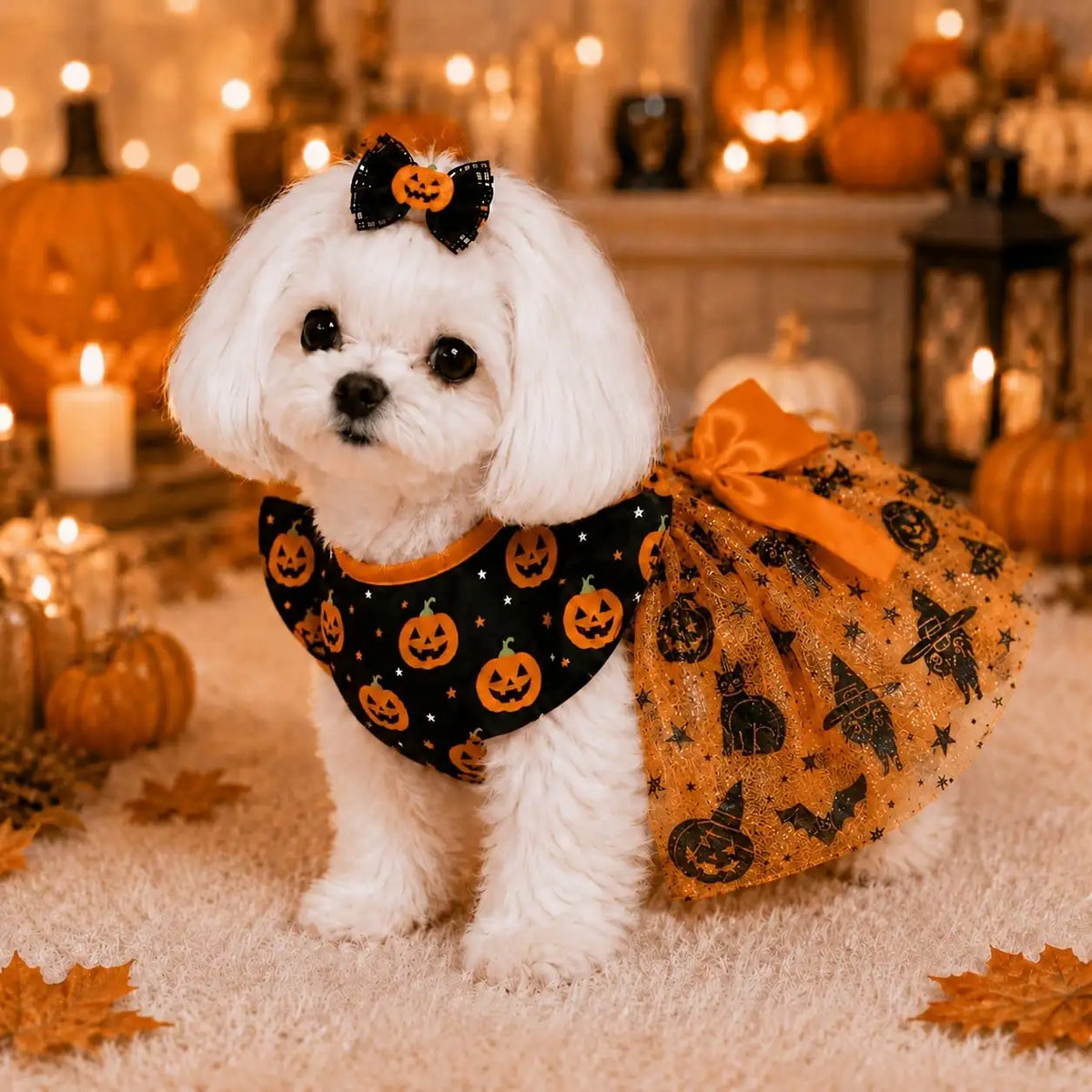 Halloween Pumpkin Print Dog Dress With Bow For Everyday Wear