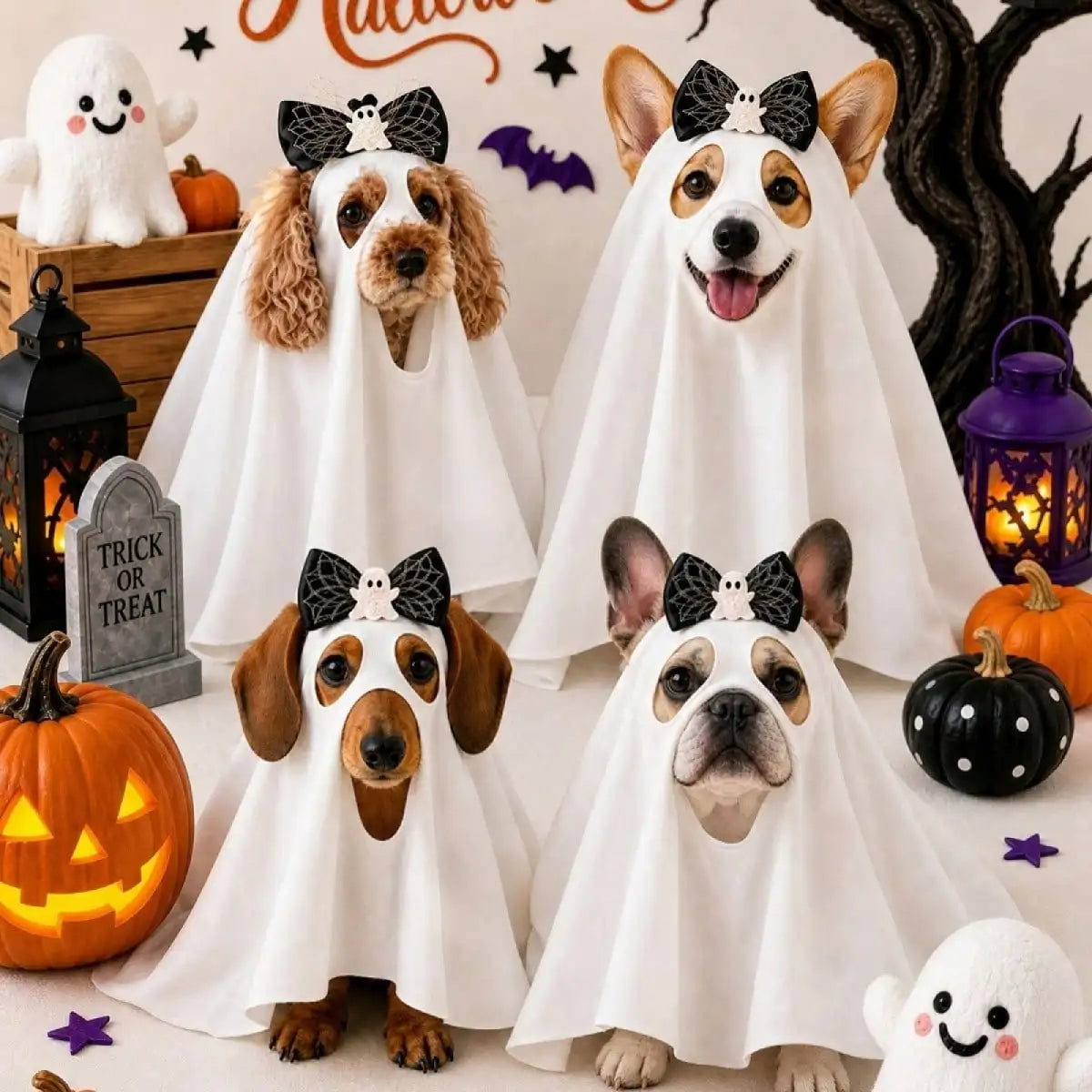 Funny Halloween Ghost Costume With Bow For Dogs And Cats