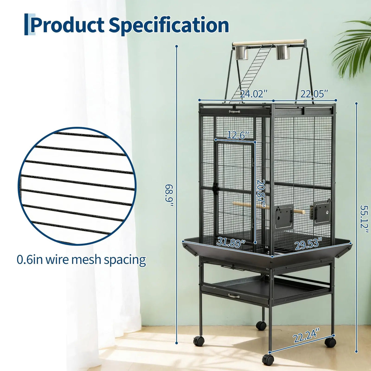 HiMISS Large Bird Cage With Rolling Stand And Play Top