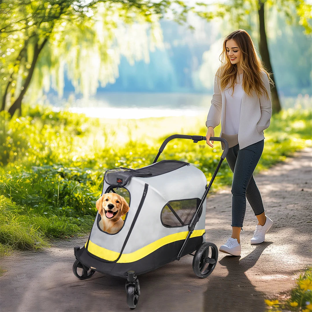 BingoPaw Foldable Dog Stroller for Small Dogs, Pet Travel Stroller with 4 Heavy-Duty Universal Wheels & Rainproof Cover