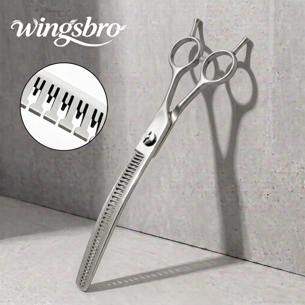 Silver Down Curved Pet Grooming Scissors, Wingsbro 7 Inches Professional Thinning Shears for Groomer and Home Use