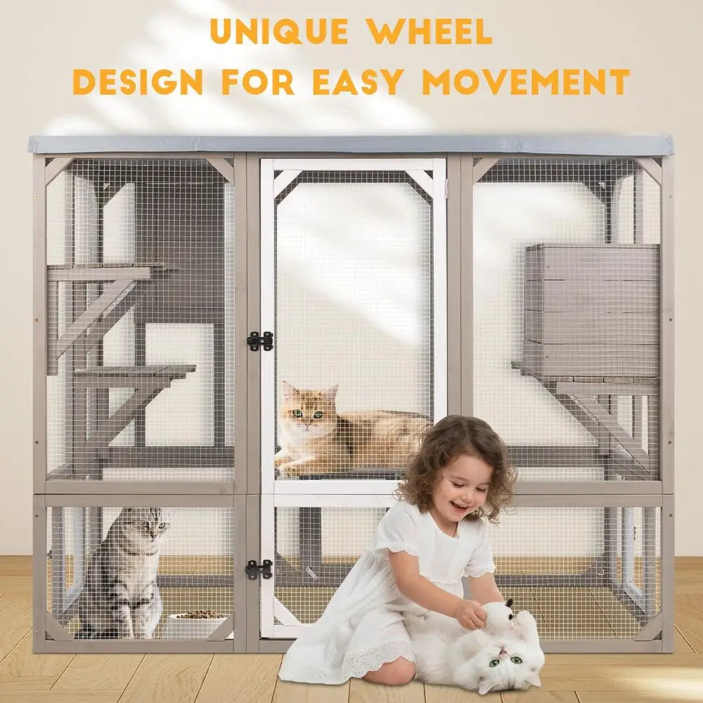 Wooden Outdoor Cat Enclosure With Multiple Platforms And Resting Boxes