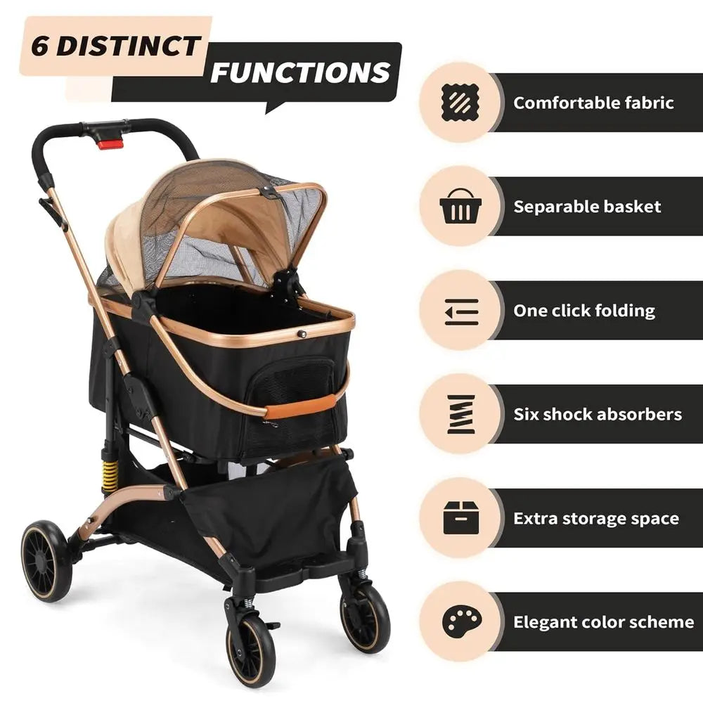 Pet Dog Stroller With Shock Absorbers, Removable Cabin And Basket