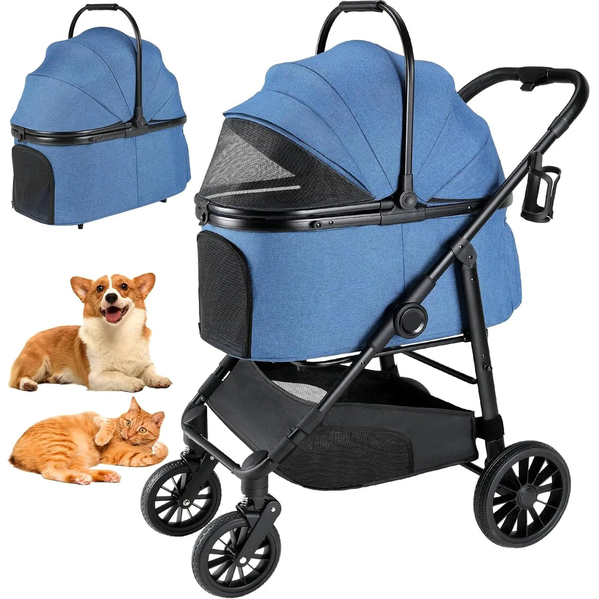 Foldable Three In One Pet Stroller With Carrier Storage Basket