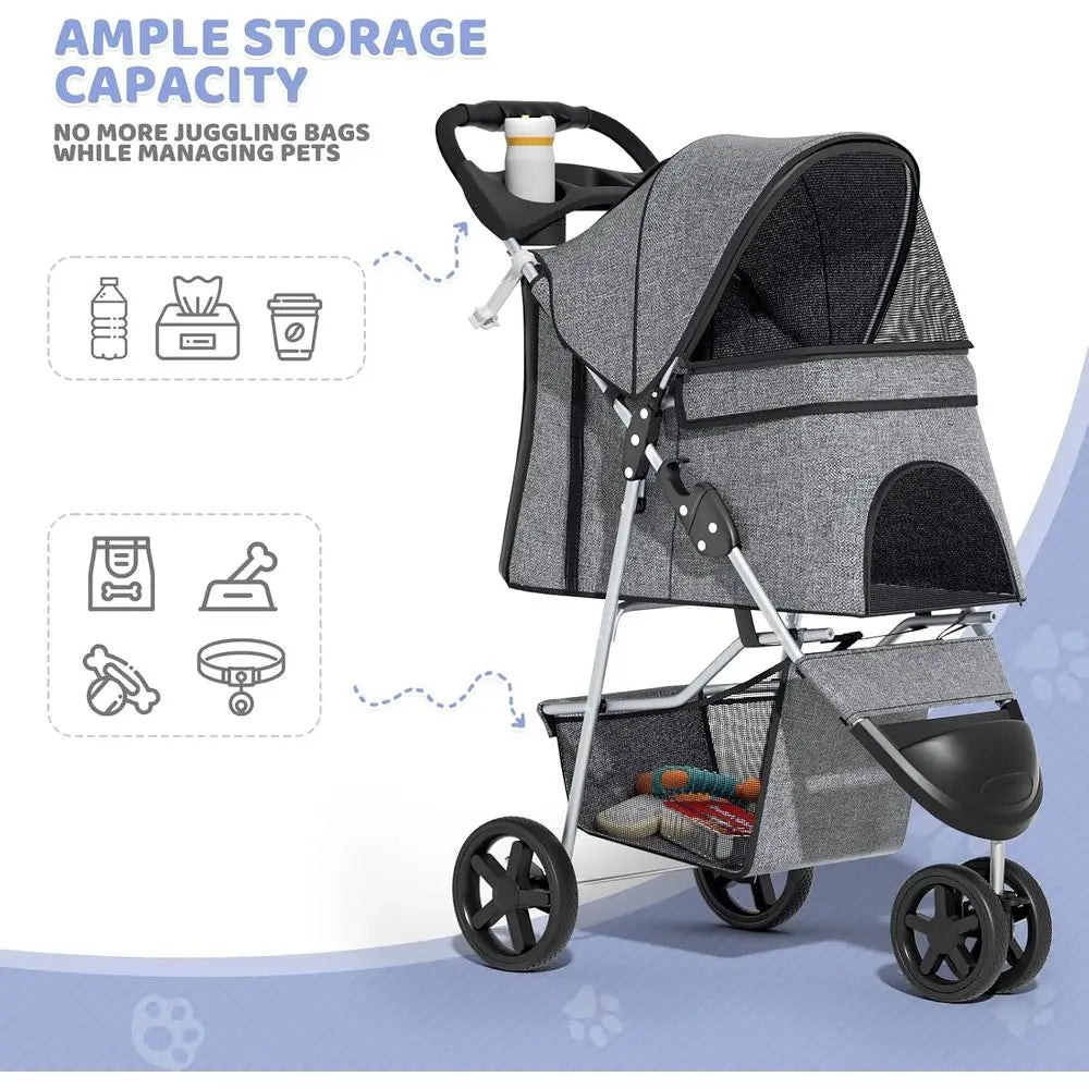 Three Wheel Pet Stroller Foldable Travel Carrier For Dogs Cats