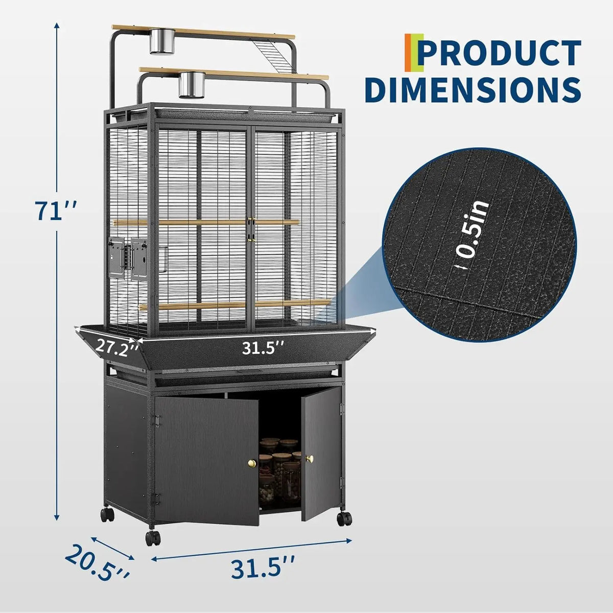 HiMISS Metal Bird Cage With Rolling Play Top Storage Cabinet