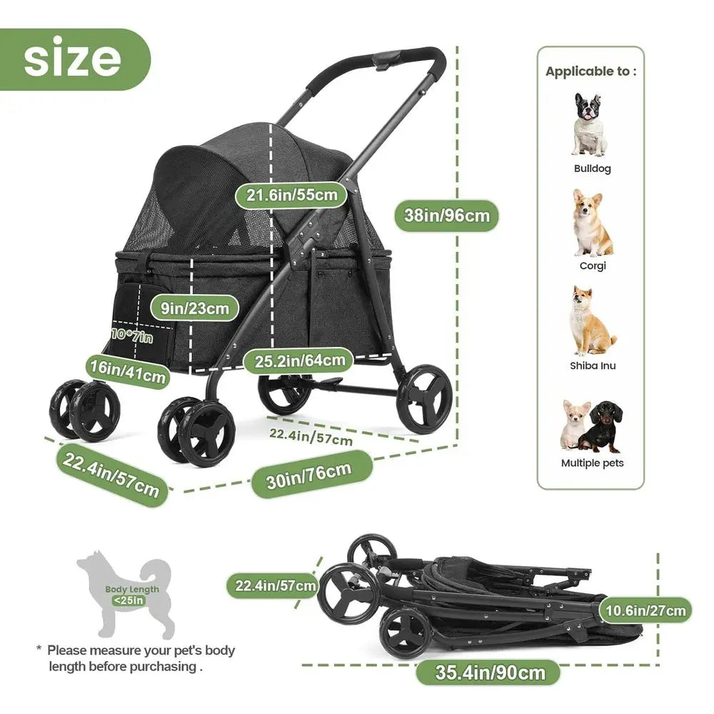 Foldable Dog Travel Stroller With Heavy Duty Wheels Adjustable Handle
