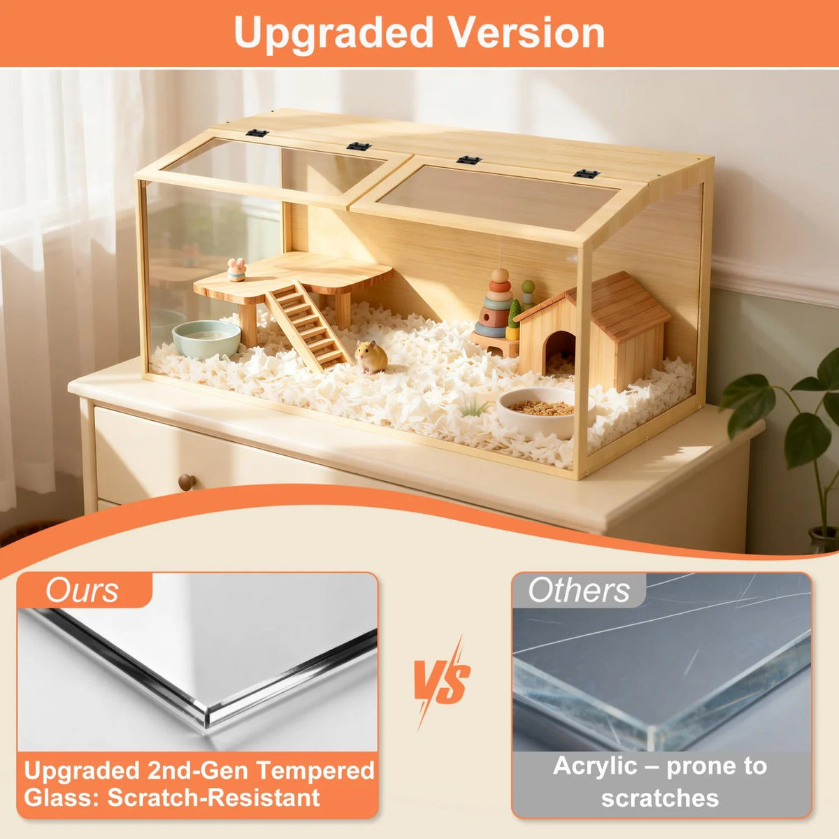 Wooden Hamster Cage With Tempered Glass Panels For Guinea Pigs