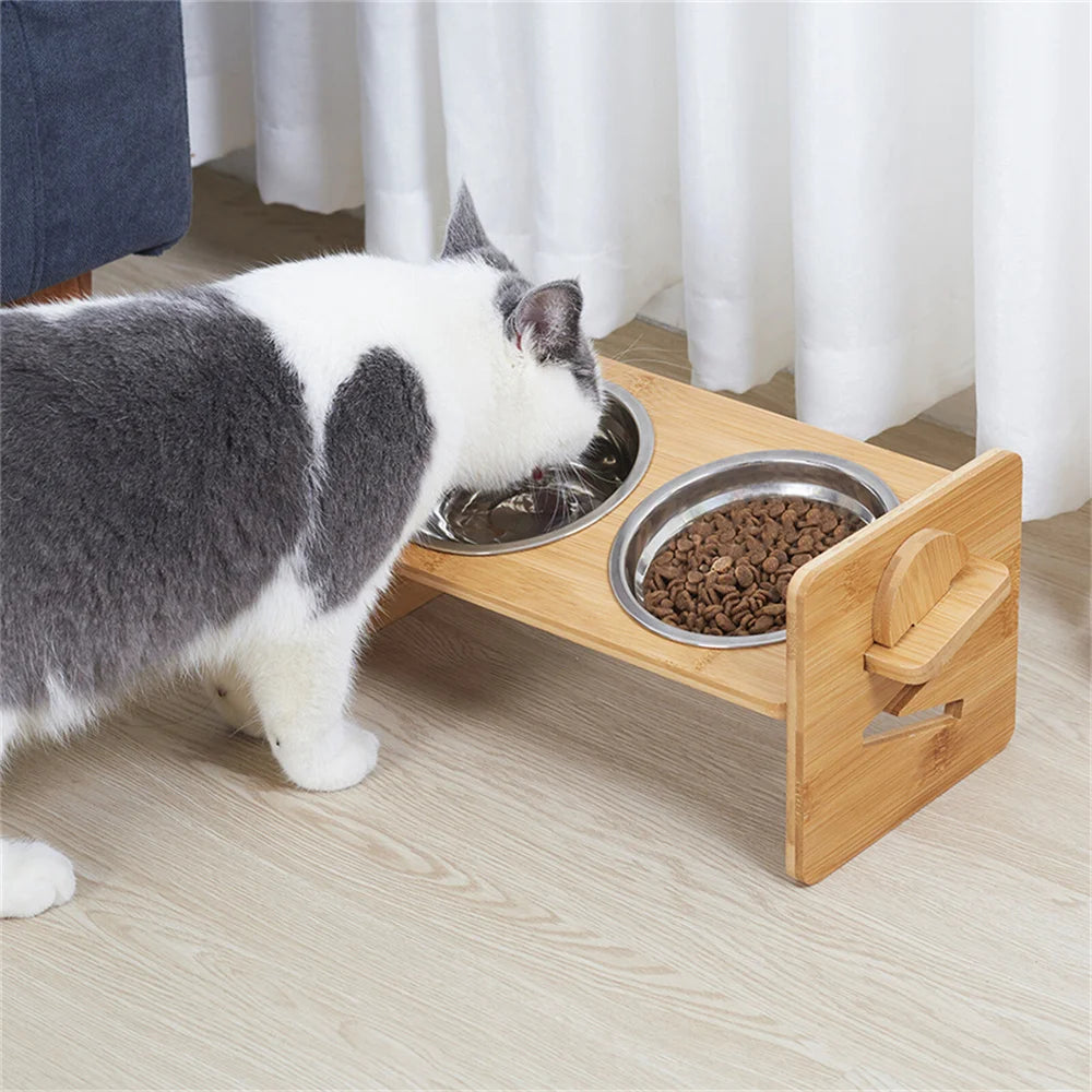Adjustable Elevated Dog Bowls With Bamboo And Stainless Steel Stand