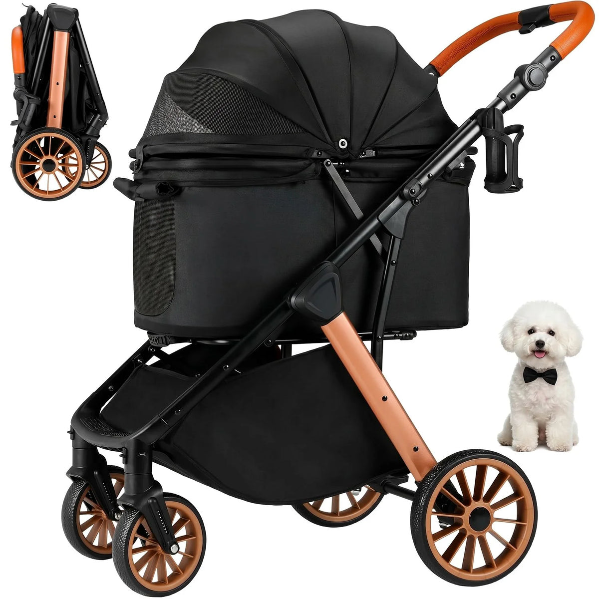 Foldable Pet Stroller For Medium Dogs Cats With Sun Shade