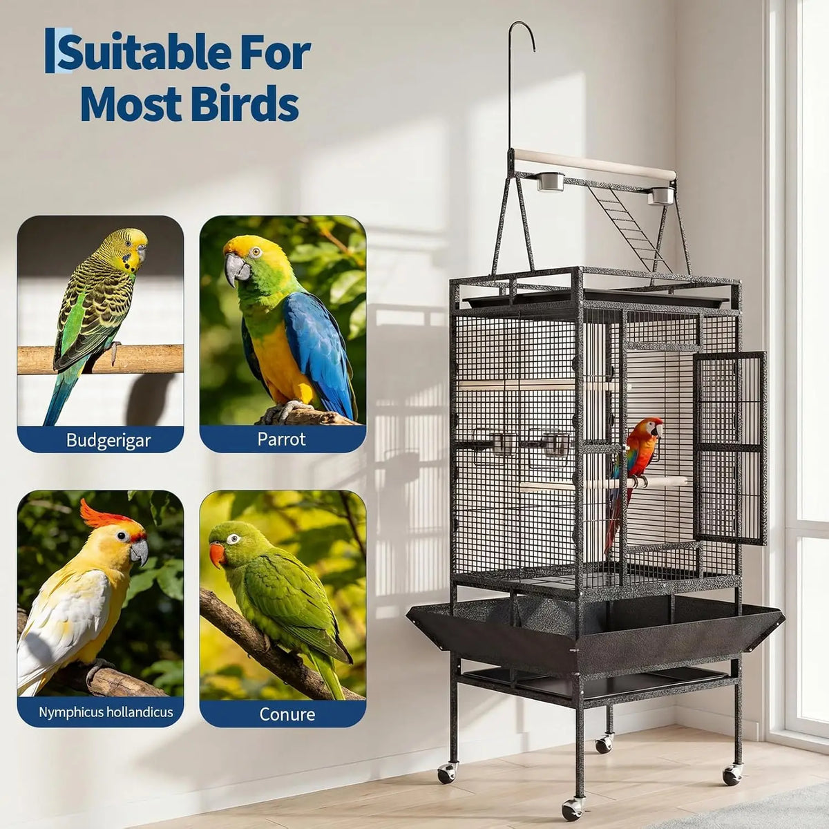 Large Metal Bird Cage With Stand For Parrots And Cockatiels